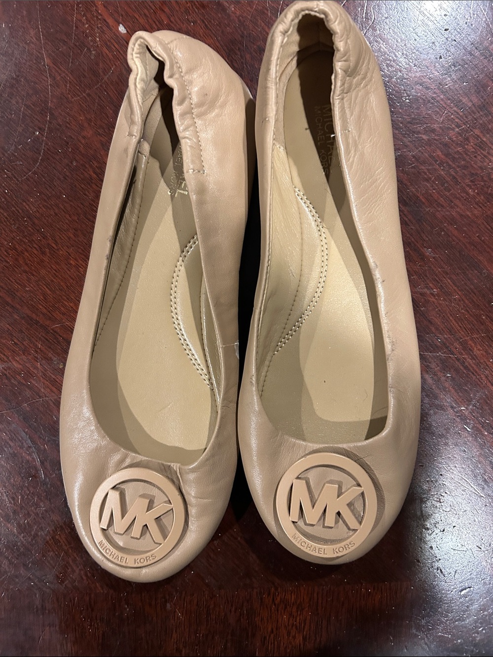 Michael Kors Beige Leather MK Logo Ballet Flats